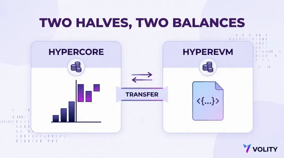 Diagram of HyperCore holding an order book and HyperEVM holding smart contracts, each with its own balance, joined by a transfer step