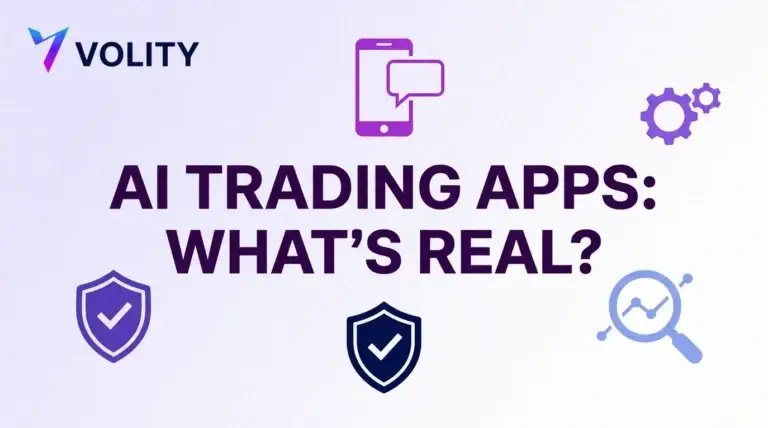 Volity title card reading AI trading apps: what's real? with icons of a phone and chat bubble, shields with ticks, gears and a magnifying glass over a chart