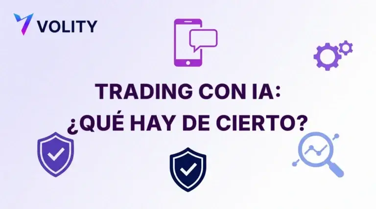 Portada de Volity con el titular «Trading con IA: ¿qué hay de cierto?» e iconos de un móvil con chat, escudos con marcas, engranajes y una lupa sobre un gráfico