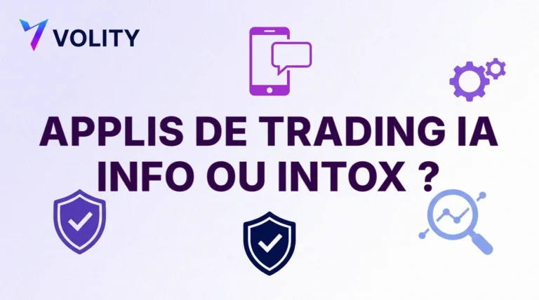 Couverture Volity « Applis de trading IA : info ou intox ? » avec un smartphone, une bulle de discussion, des engrenages, des boucliers cochés et une loupe