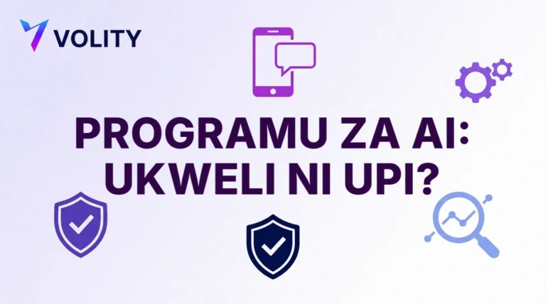 Kadi ya kichwa ya Volity yenye maandishi programu za AI: ukweli ni upi? Aikoni za simu, kiputo cha gumzo, ngao zenye vema, gia na kioo cha kukuza juu ya chati