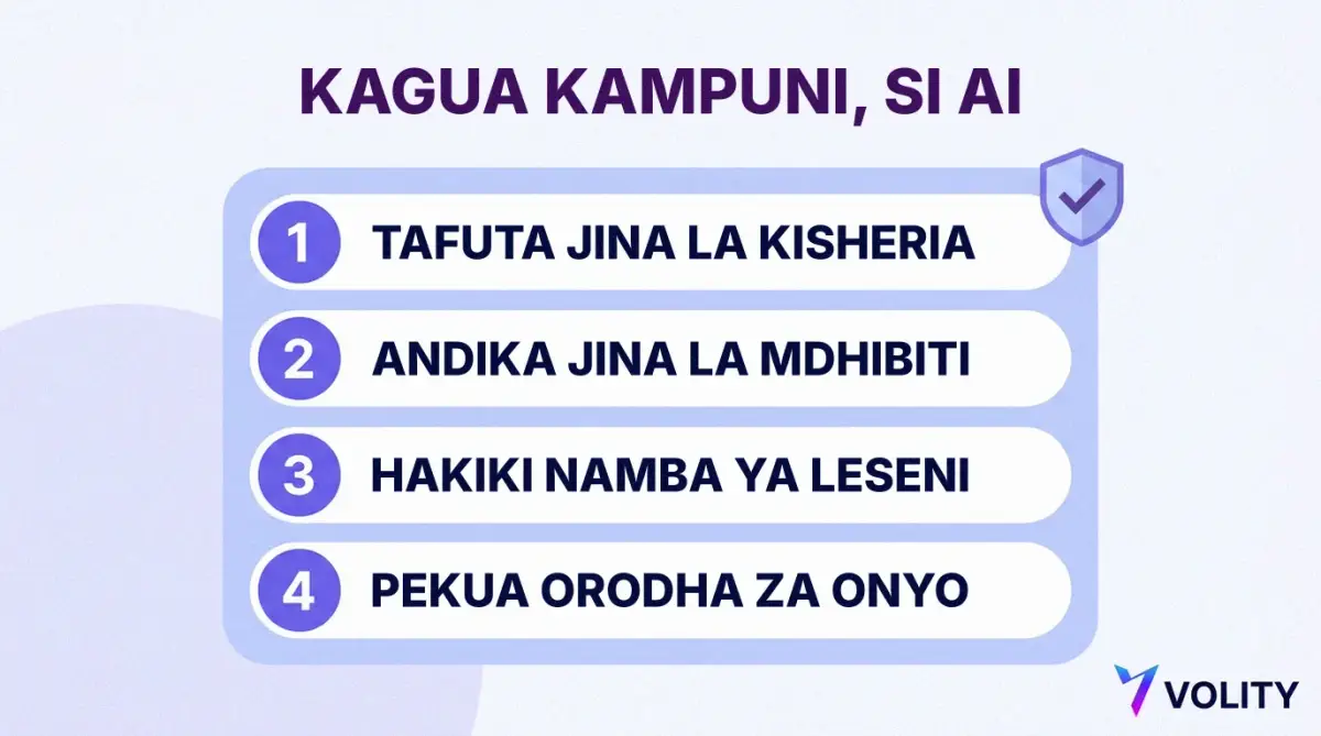 Hatua za kukagua kampuni iliyo nyuma ya programu ya biashara: tafuta jina la kisheria, andika jina la mdhibiti, hakiki namba ya leseni, pekua orodha za onyo