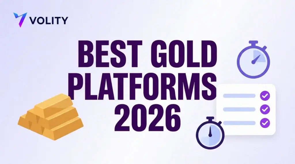 Volity title card reading best gold platforms 2026, with a stack of gold bars, a comparison card with ticked rows and two stopwatches