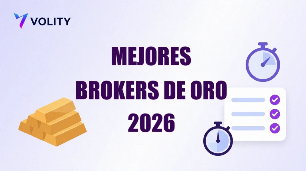Portada de Volity con el título mejores brokers de oro 2026, una pila de lingotes de oro, una tarjeta comparativa con filas marcadas y dos cronómetros