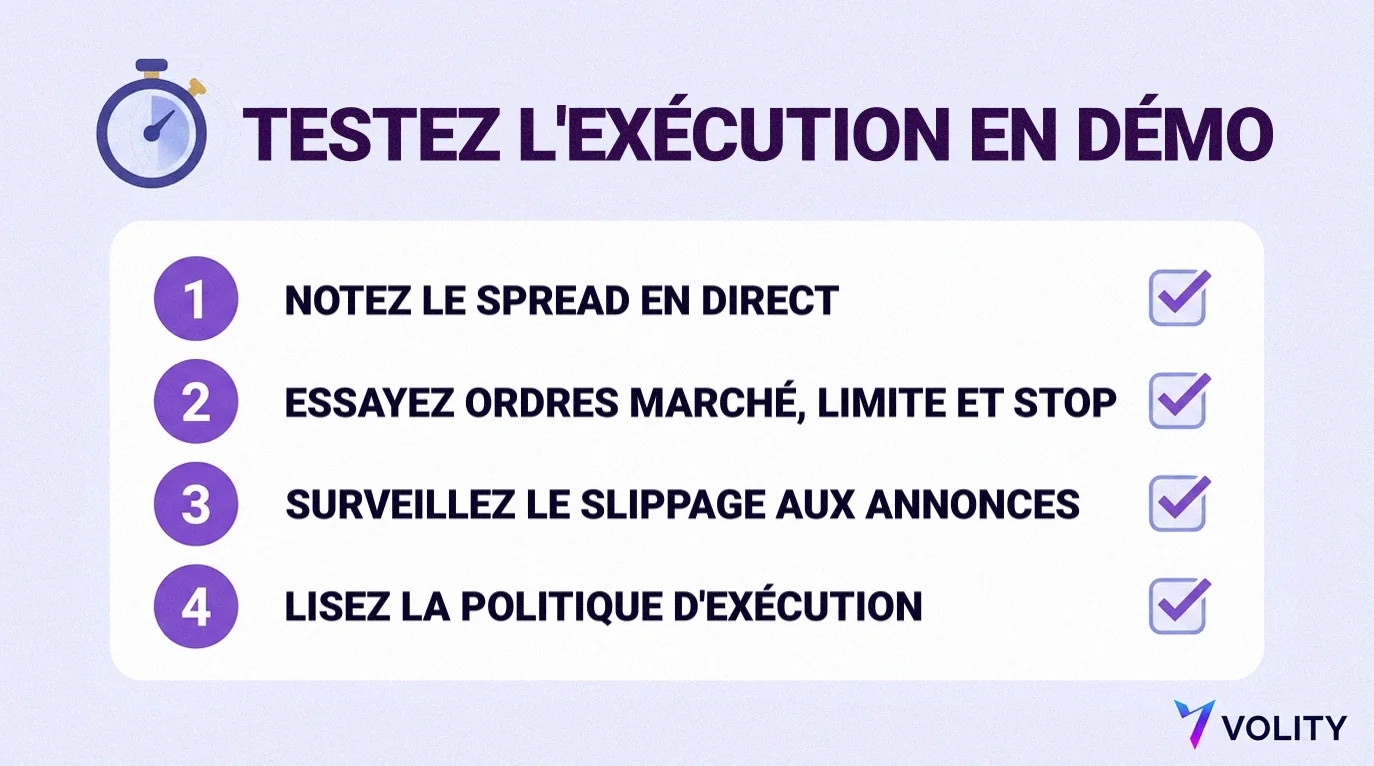Tester l'exécution en démo : noter le spread en direct, essayer ordres marché, limite, stop, surveiller le slippage aux annonces, lire la politique d'exécution