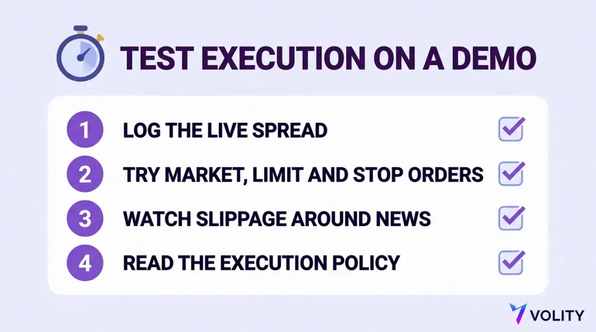 Checklist card for testing execution on a demo: log the live spread, try market, limit and stop orders, watch slippage around news, read the execution policy