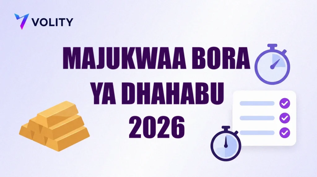 Jalada la Volity lenye maandishi majukwaa bora ya dhahabu 2026, rundo la vipande vya dhahabu, kadi ya ulinganisho yenye tiki na saa mbili za kupimia muda