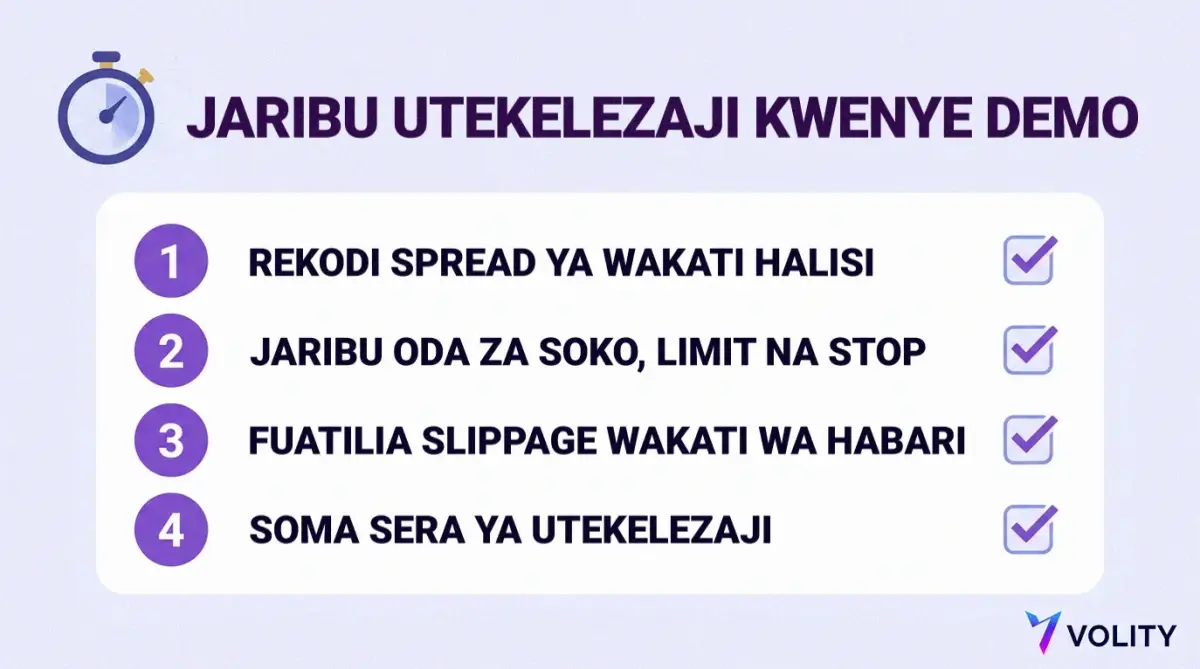 Kadi ya kukagua utekelezaji kwenye demo: rekodi spread halisi, jaribu oda za soko, limit na stop, fuatilia slippage wakati wa habari, soma sera ya utekelezaji