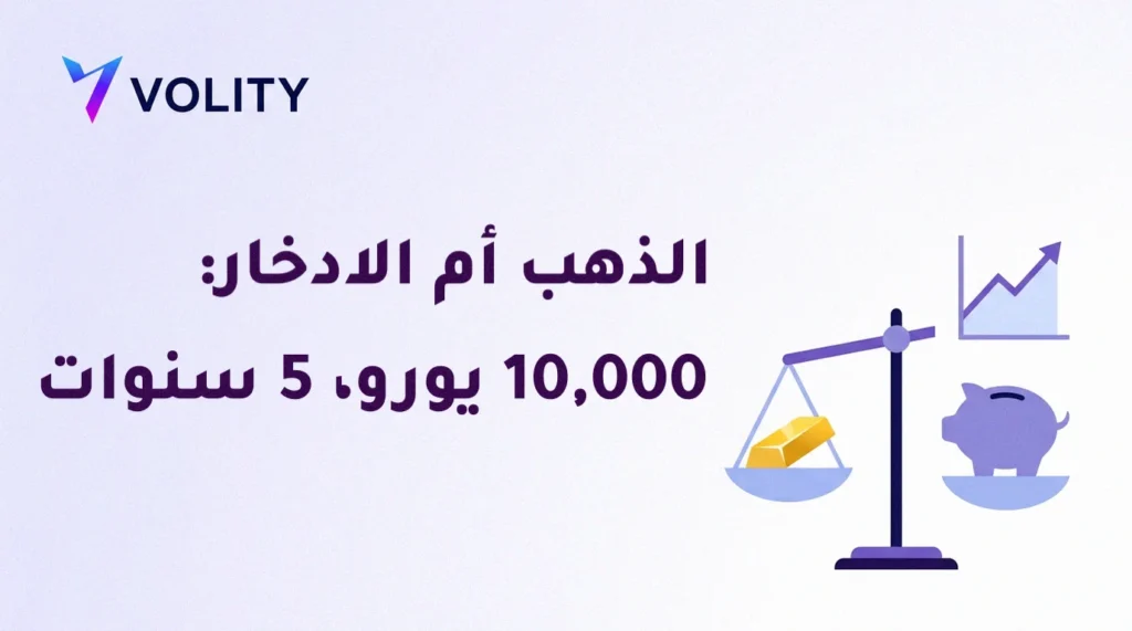 بطاقة عنوان من Volity تحمل عبارة «الذهب أم الادخار: 10,000 يورو، 5 سنوات»، مع ميزان يوازن سبيكة ذهب مقابل حصالة نقود بجانب رسم بياني خطي صاعد