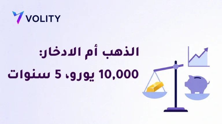 بطاقة عنوان من Volity تحمل عبارة «الذهب أم الادخار: 10,000 يورو، 5 سنوات»، مع ميزان يوازن سبيكة ذهب مقابل حصالة نقود بجانب رسم بياني خطي صاعد