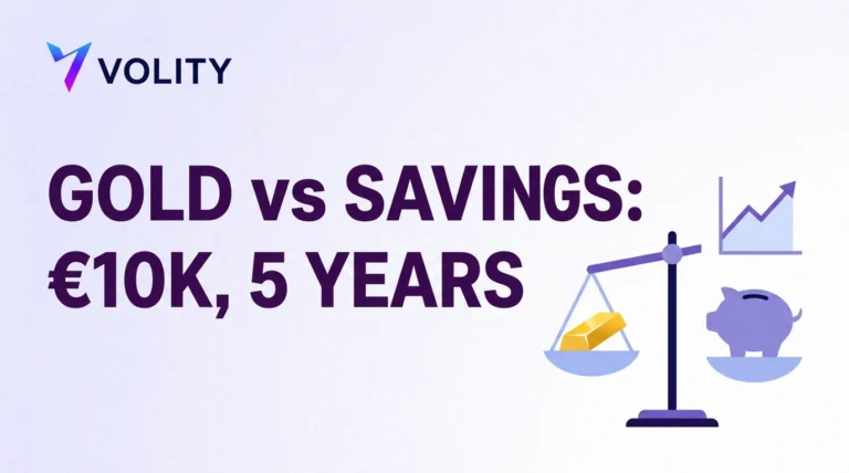 Volity title card reading gold vs savings, 10K euros, 5 years, with a balance scale weighing a gold bar against a piggy bank beside a rising line chart