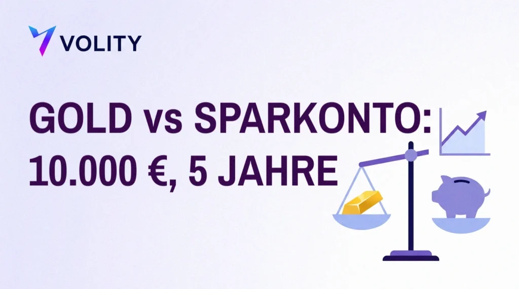 Volity-Titelbild „Gold vs Sparkonto: 10.000 €, 5 Jahre“ mit einer Waage zwischen Goldbarren und Sparschwein und einem steigenden Chart