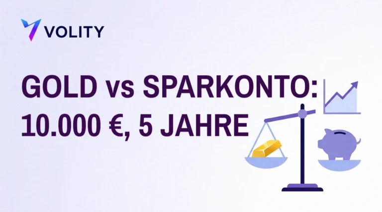 Volity-Titelbild „Gold vs Sparkonto: 10.000 €, 5 Jahre“ mit einer Waage zwischen Goldbarren und Sparschwein und einem steigenden Chart