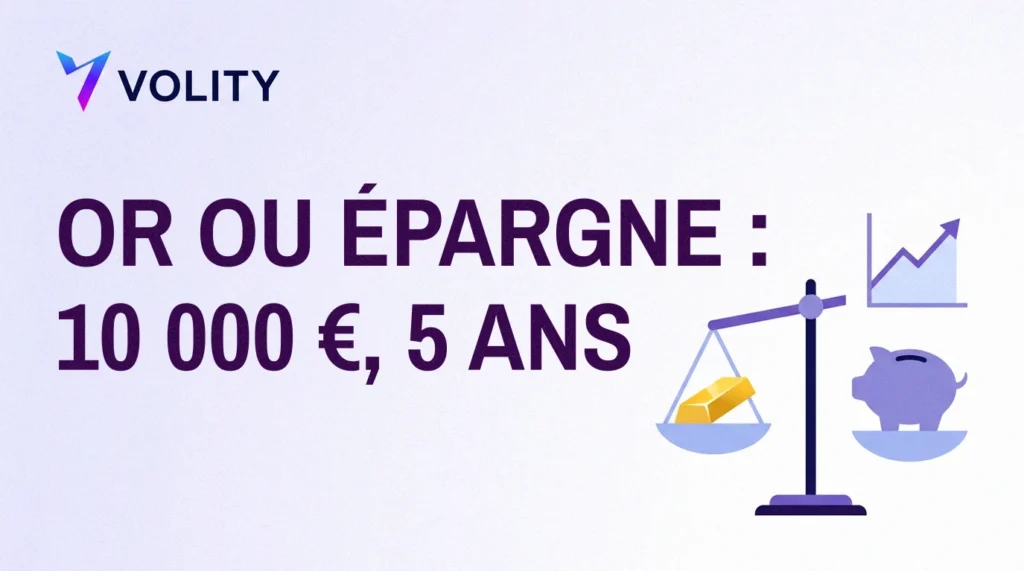 Visuel Volity titré « Or ou épargne : 10 000 €, 5 ans », avec une balance qui pèse un lingot d'or face à une tirelire, à côté d'une courbe en hausse