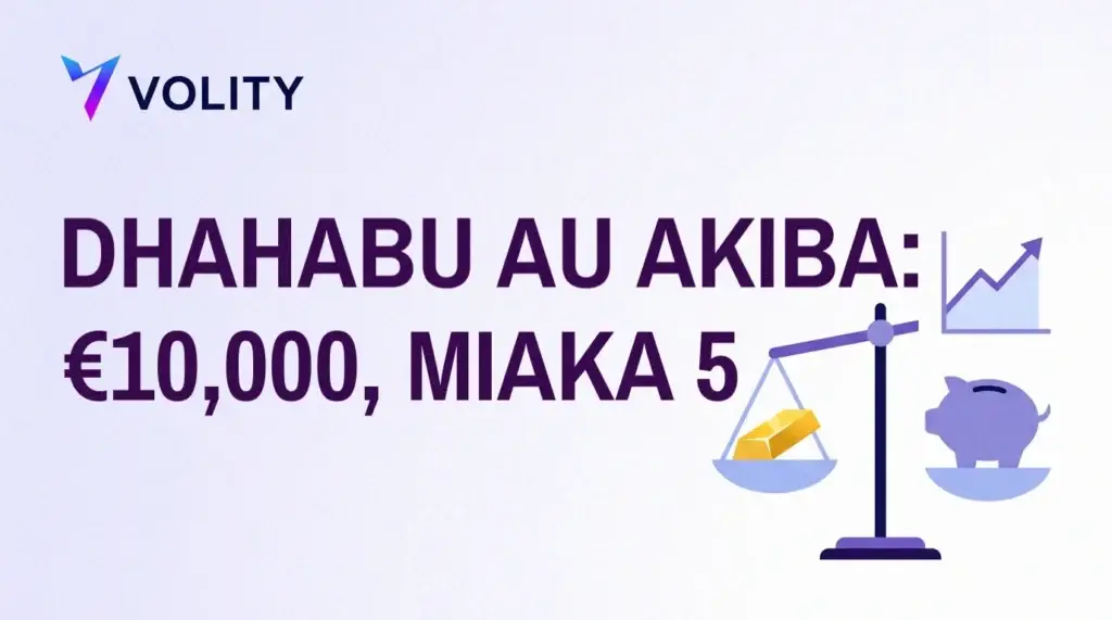 Kadi ya kichwa ya Volity: dhahabu au akiba, euro 10,000, miaka 5, na mizani inayopima kipande cha dhahabu dhidi ya kibubu kando ya chati ya mstari inayopanda
