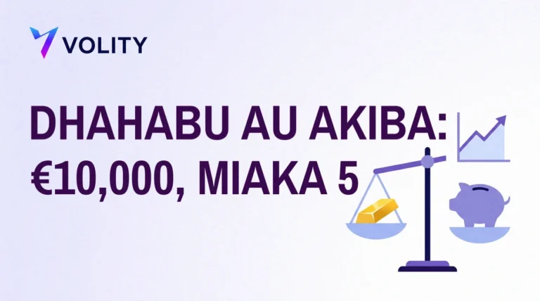 Kadi ya kichwa ya Volity: dhahabu au akiba, euro 10,000, miaka 5, na mizani inayopima kipande cha dhahabu dhidi ya kibubu kando ya chati ya mstari inayopanda