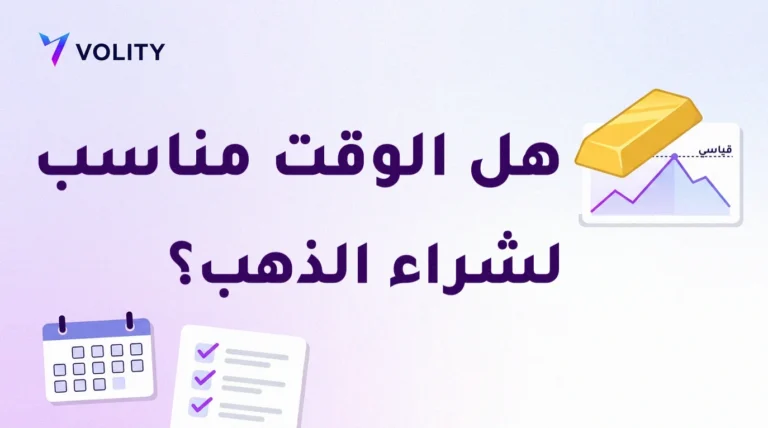 غلاف بشعار Volity وعنوان «هل الوقت مناسب لشراء الذهب؟» مع سبيكة ذهبية ورسم بياني لسعر لامس خط المستوى القياسي ثم تراجع، إلى جانب تقويم وقائمة تحقق