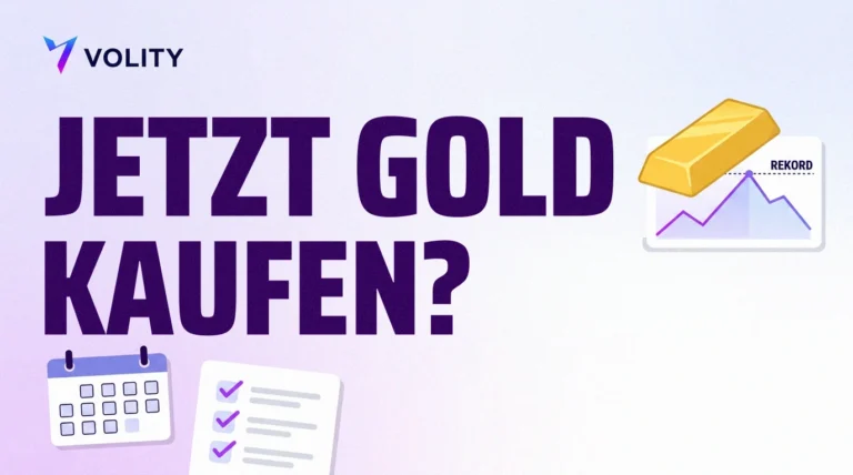 Volity-Titelbild „Jetzt Gold kaufen?“ mit Goldbarren, einem Linienchart, der eine gepunktete Rekordlinie berührt und wieder fällt, sowie Kalender und Checkliste